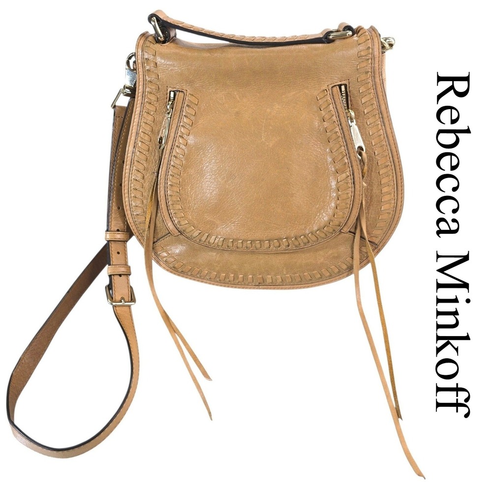Rebecca Minkoff Vanina Saddle Bag Womens Tan Leather Boho Whipstitch Crossbody